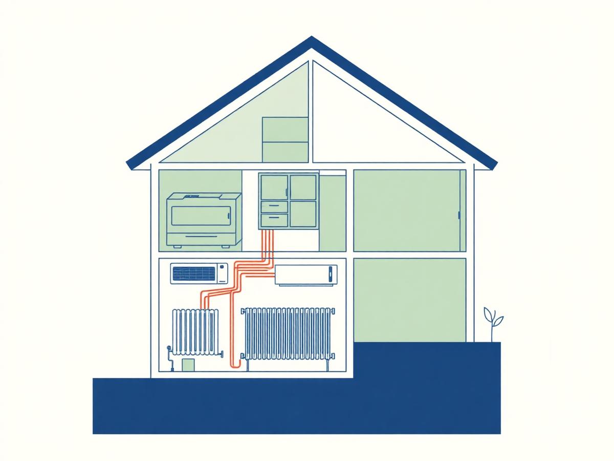 Doorsnede van een woning met verwarming en warmtepomp